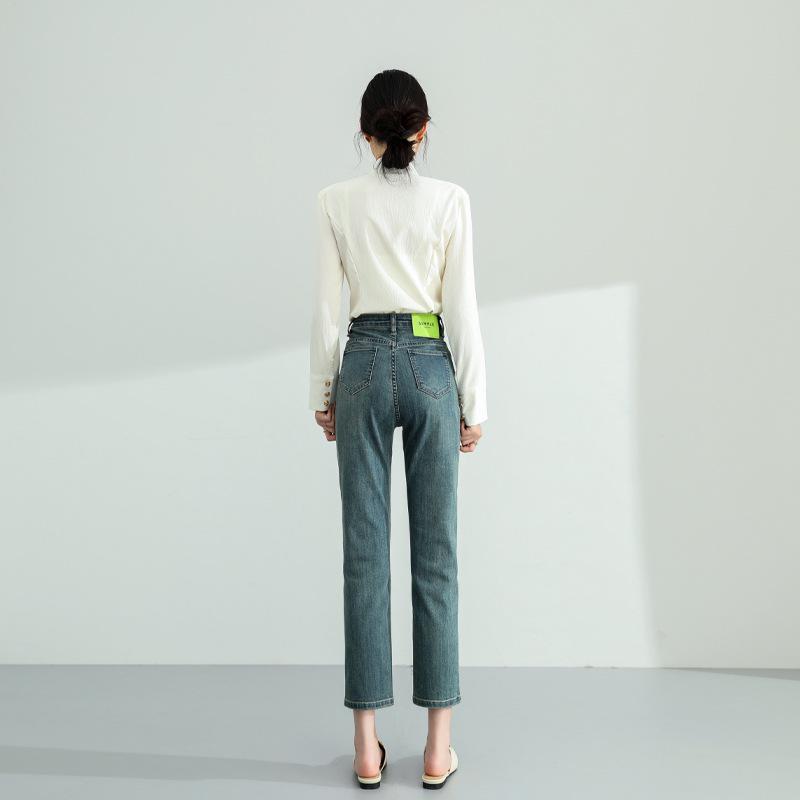 Autumn High Waist Slimming Straight Leg Stretch Jeans - Women's Soft Fabric Cropped Pants