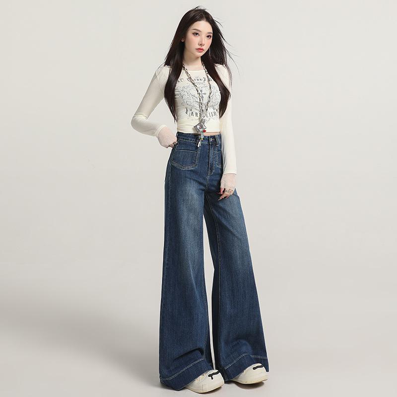 American wide-leg slightly pulled jeans women's autumn high waist drape niche front pocket hips wide-leg flared pants