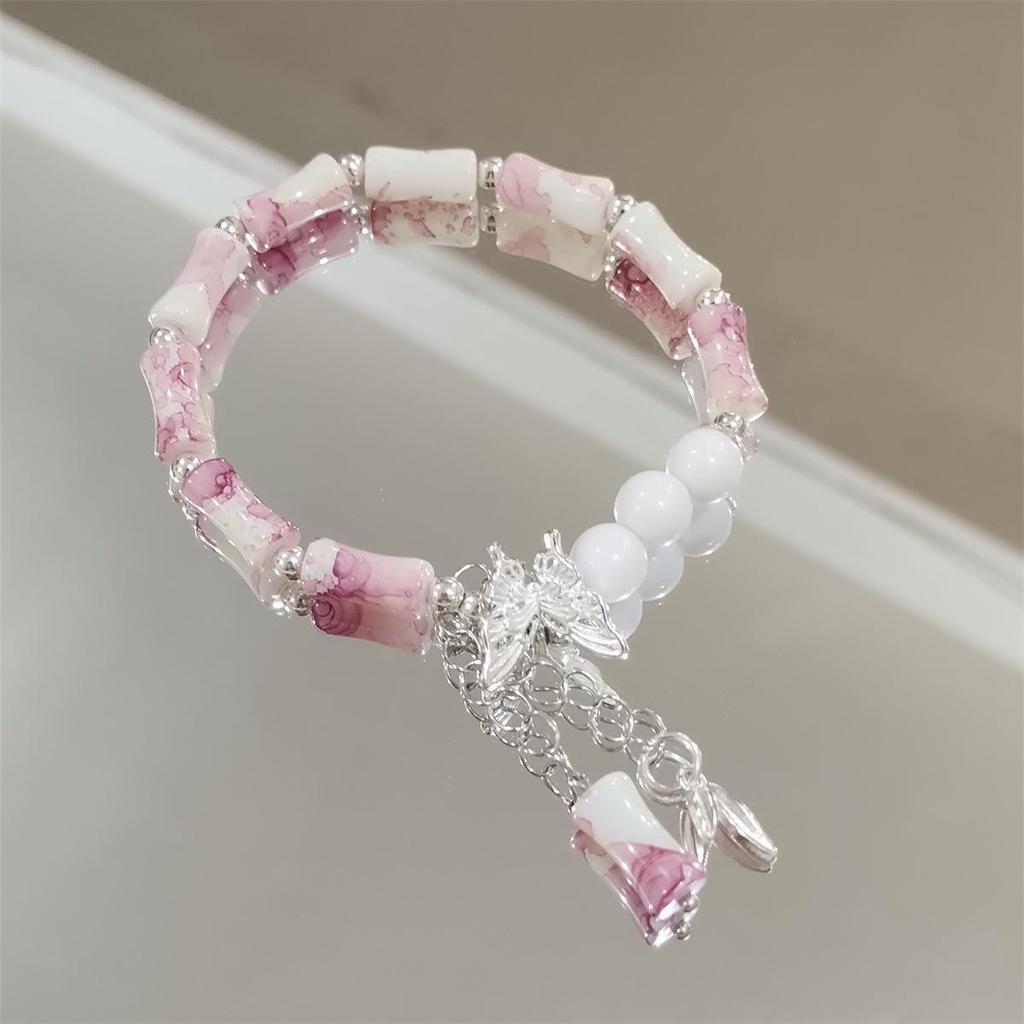 Forest Butterfly Glass Bracelet with Ice-Cracked Flower Beads
