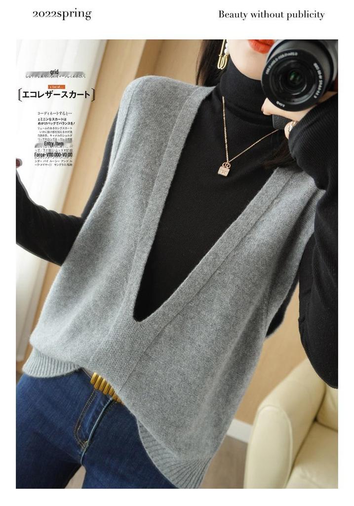 Women's V-neck Knit Vest - Korean Style Wool Blend Shawl for Autumn/Winter