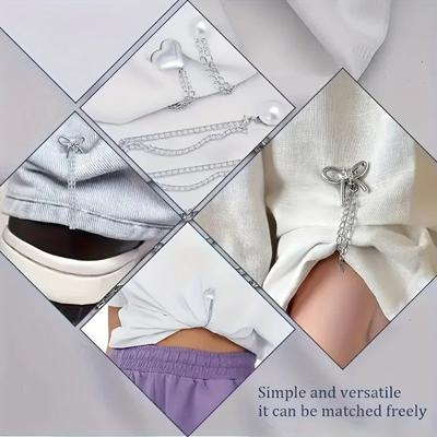 3-in-1 Clothing Clip Heart-Shaped With Chain Button Clips Adjustable No-Sew Anti-Drag Pants Chain Clip Women Dress Decoration
