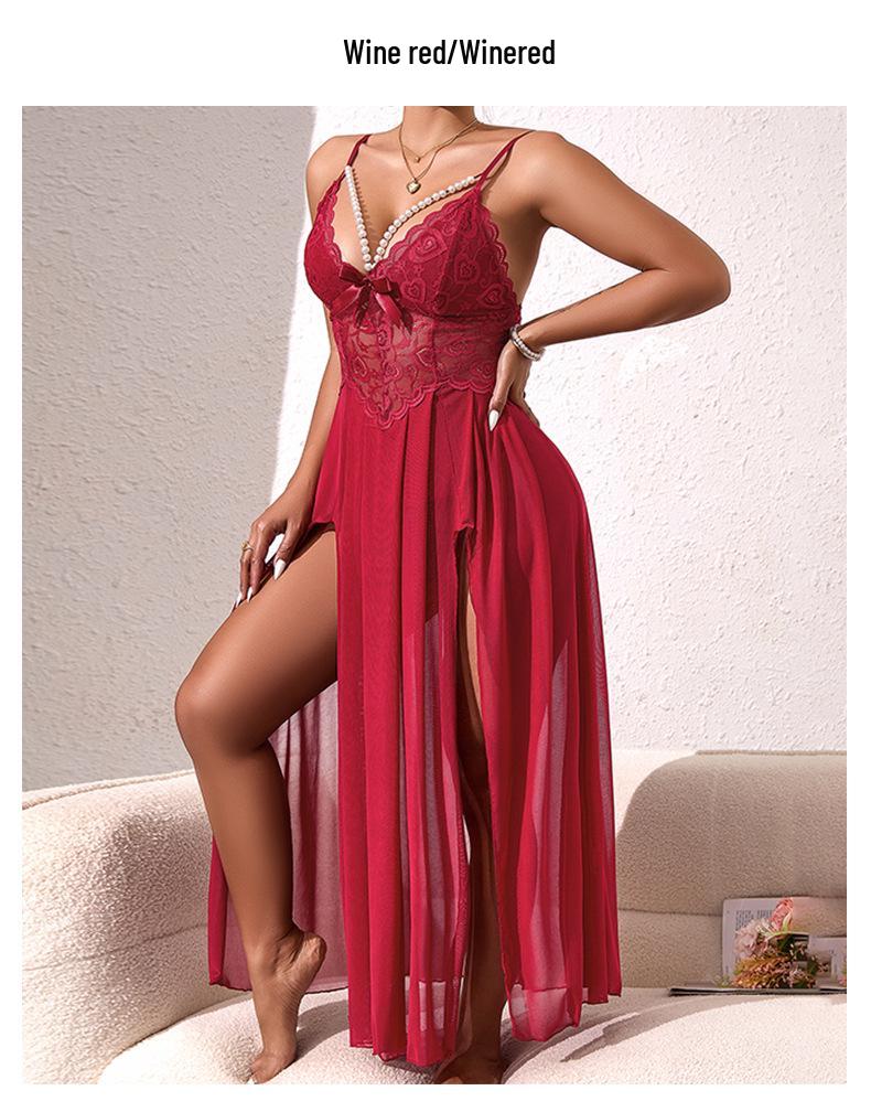 Pearl Embellished Backless Multicolor Mesh Nightgown with Side Slit - 898