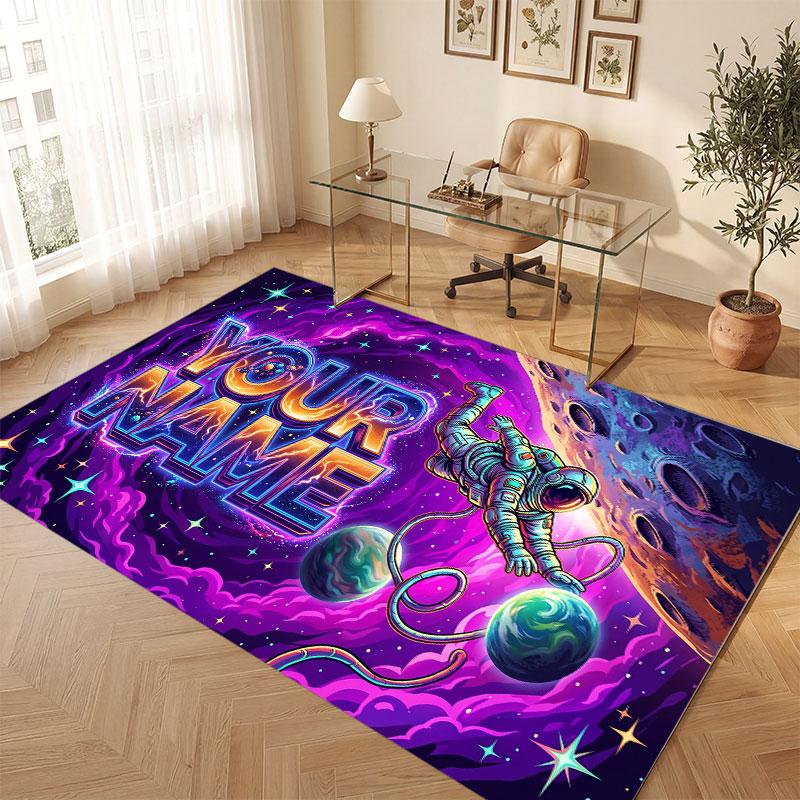 Space Cosmic Theme Crystal Velvet Floor Rug Personalized Custom Name Text Warm Carpet Home Decoration