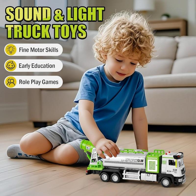 Diecast Tanker Truck Toys, Friction Powered Haze Removal Truck with Lights and Sounds, 1:40 Scale Sprinkler Truck Vehicle Kids Toy