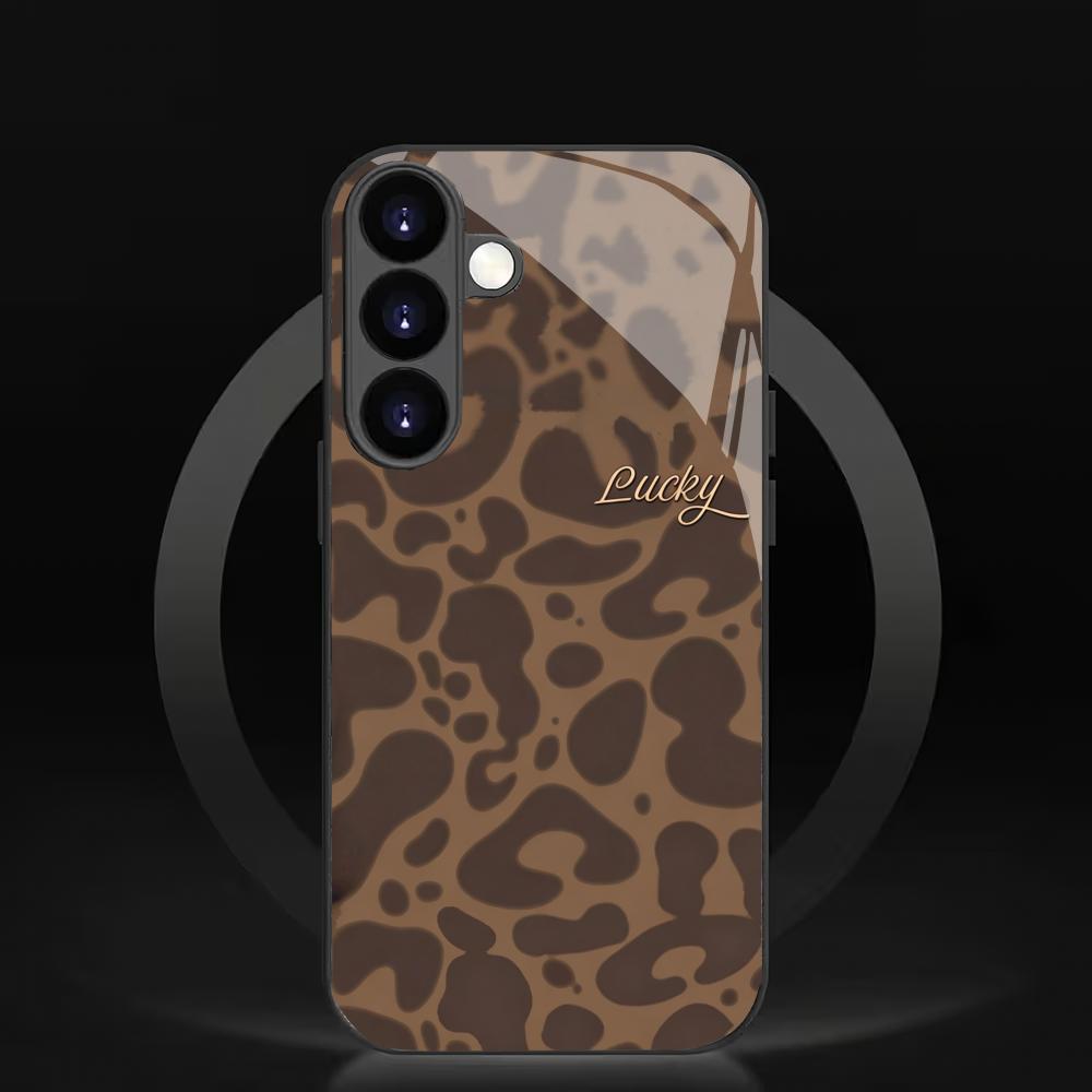 Lucky Leopard Print Black Glass Phone Case Suitable for Samsung Galaxy S26 S25 S24 S23 S22 S21 S20 FE/Ultra/Plus Anti Drop