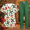 Women's Uniform Set with Short Sleeve Christmas Print Top and Pants, Two-Piece Caregiver
