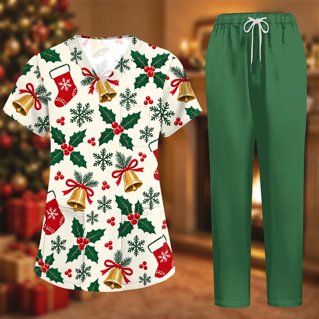 Women's Uniform Set with Short Sleeve Christmas Print Top and Pants, Two-Piece Caregiver