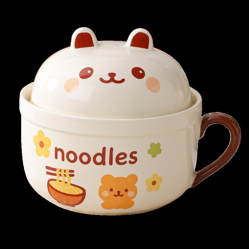 Ceramic Instant Noodle Bowl with Lid Spoon Soup Bowl Microwave Oven Student Dormitory Rice Bowl Instant Noodle Bowl Office Worker Bento Box