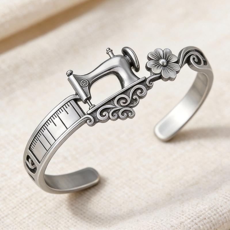 Sewing Machine Cuff Bracelet Adjustable Open Alloy Bangle with Tape Measure Scroll Detail Gift Jewelry for Sewing Lovers