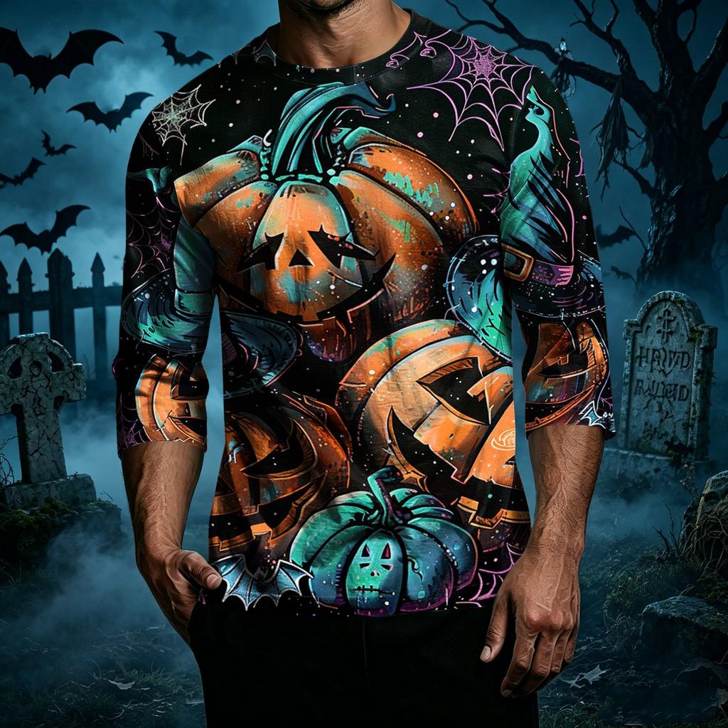 Men's Casual Halloween Graphic Crew Neck T-Shirt Three Quarter Sleeve Top Printed Design Comfortable Fit