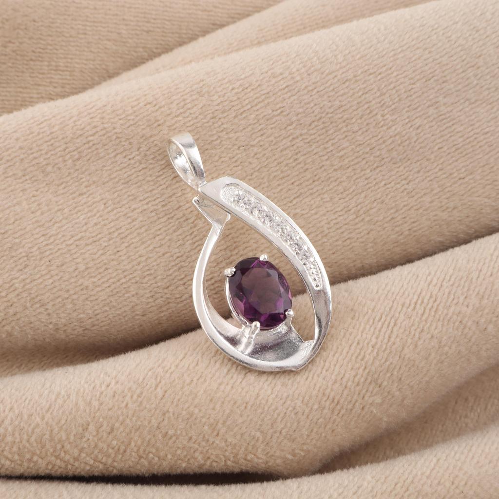 Amethyst Gemstone 925 Sterling Silver Jewelry Zircon Pendant 1.4" , Partywear Women's Pendant, Anniversary Gift For Her CZP-16-1