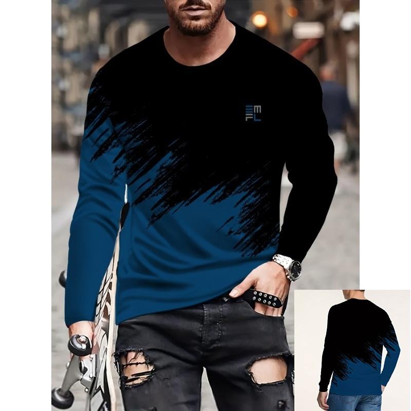 Spring and Autumn Round Neck 3D Color Block Printed Top Fashionable Casual Long Sleeved Men's T-shirts