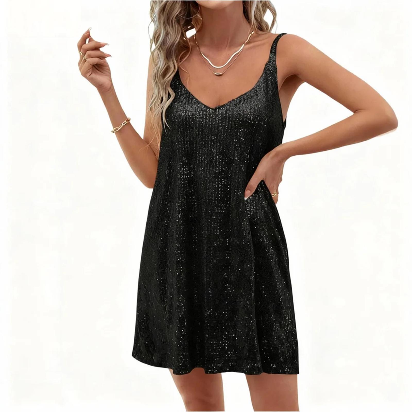 

Женское модное платье на бретелях с пайетками однотонное L