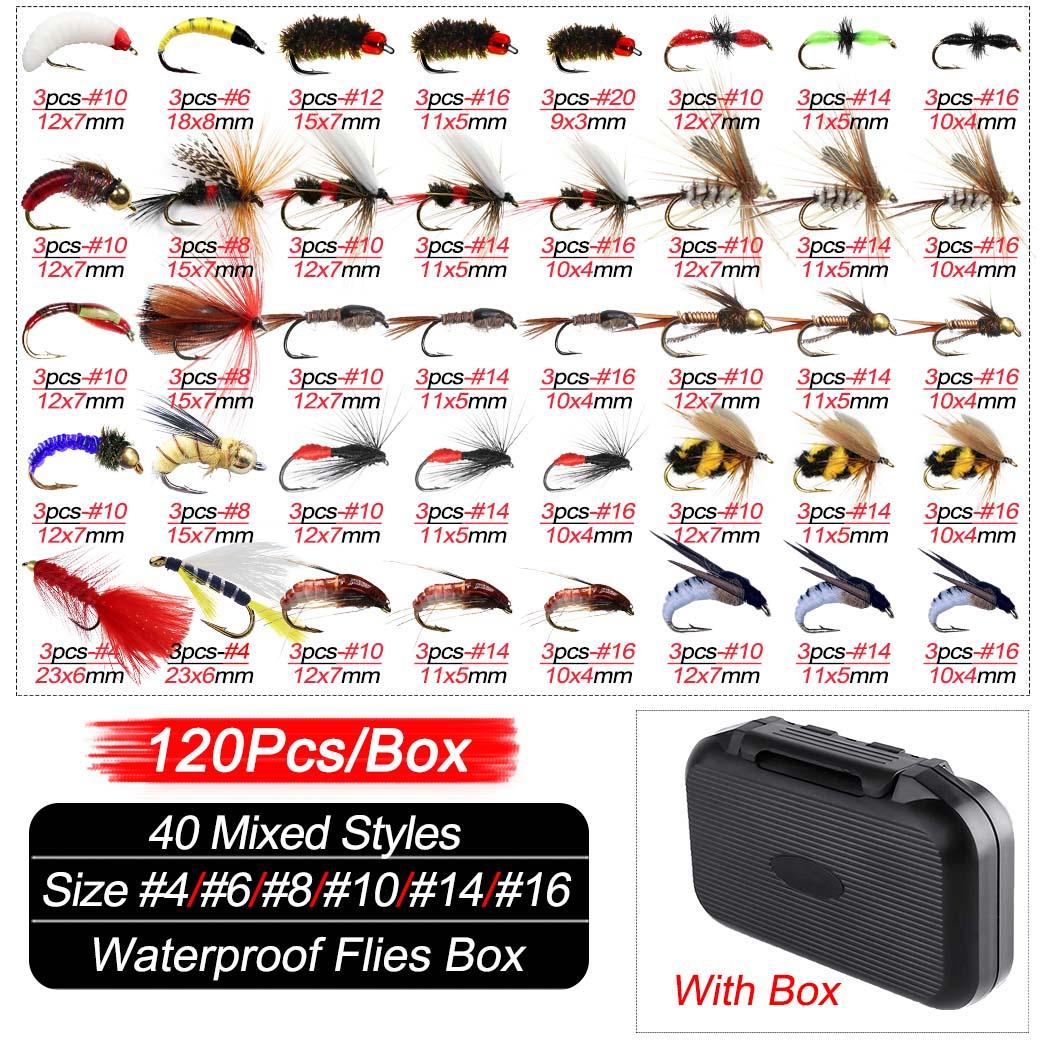 

24-120 шт. набор мушек для рыбалки нахлыстом, сухие влажные мухи, рыболовная приманка, искусственная наживка для нимфы, форели, окуня, синяя жаберная муха, комбинированная приманка 120Pcs/Box(40 Mixed Styles)