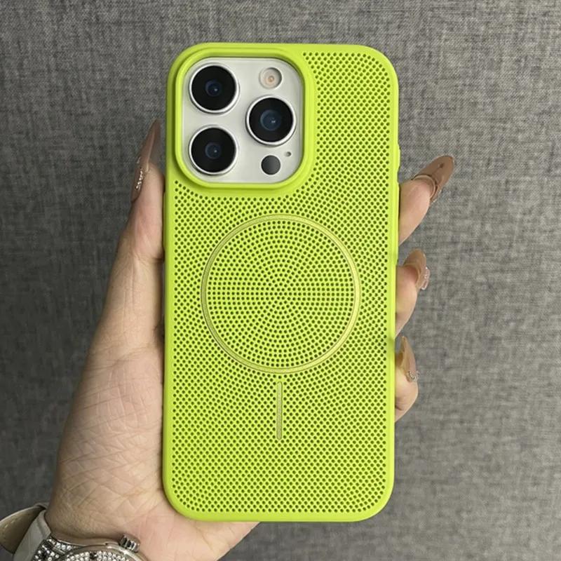 Luxury Mesh Hole Heat Dissipation Case for iPhone16 15 14 Plus 13 12 11 16Pro Max For Magsafe Wireless Charge Hard PC Thin Cover