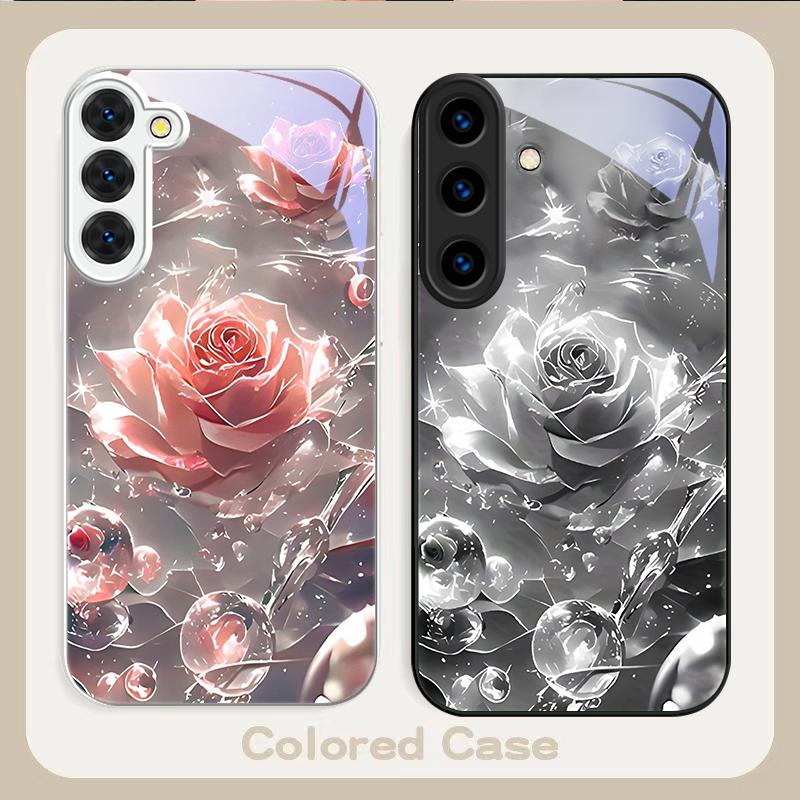 Ice Crystal-colored Roses For Samsung S26 S22 S8 9 10 S20 Ultra S21 Pro S22 Plus S23 FE S24Ultra S25 Edge S24+ Glass Phone Case