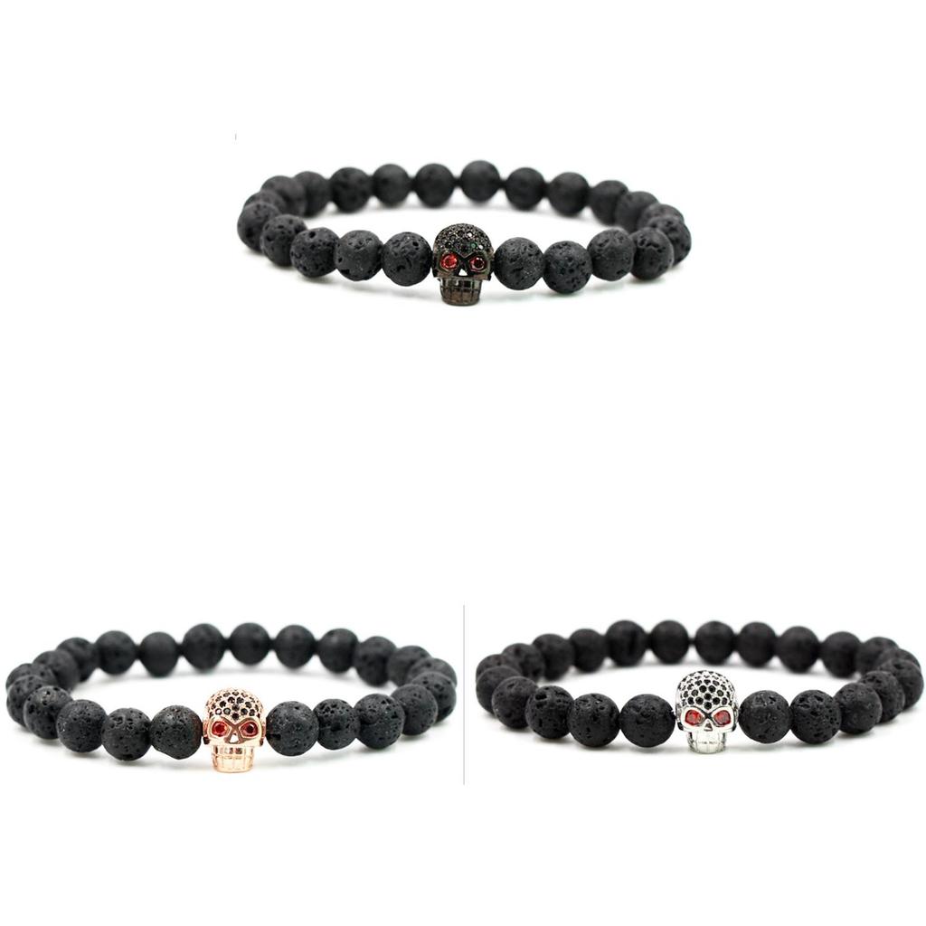 Bracciale con Perle di Roccia Lavica Geometrica con Teschio Micro-incastonato in Zirconi per Uomo Donna Regalo
