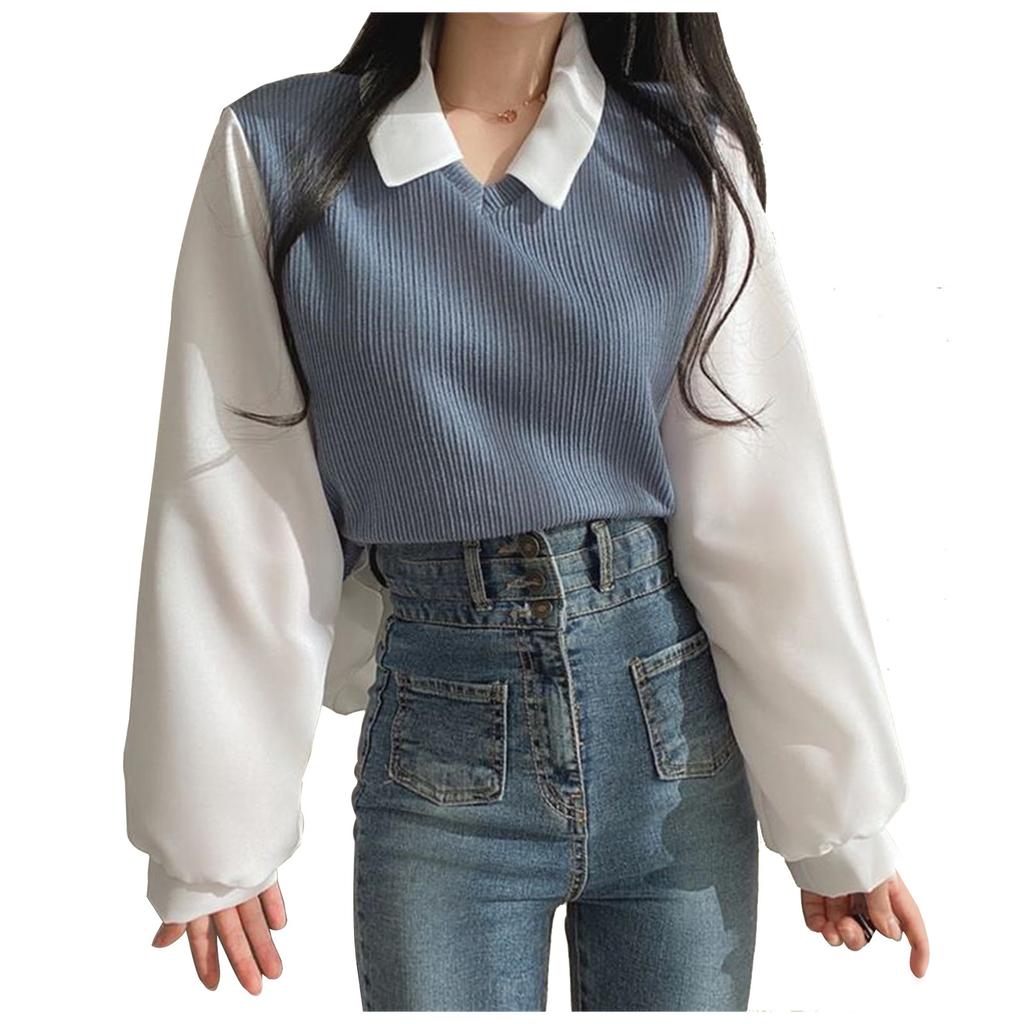 Blouse Women False Two-piece Collar Blouses Tops Streetwear Loose Youth Pullovers Elegant Shirt