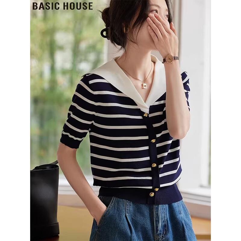 Basic House Women's Striped Sailor Collar Knit T-shirt