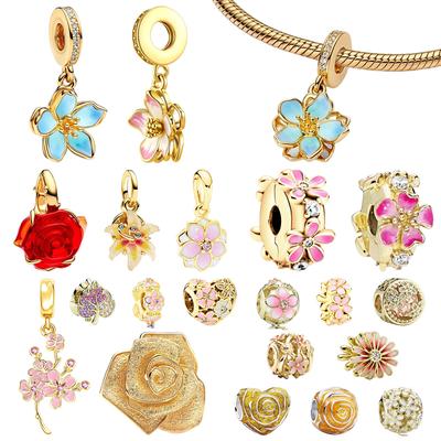 Gold Flowers Series Charms Cherry Blossom Pink Daisy Flower Rose In Bloom Beads Fit Original Bracelets Diy Jewelry Gift