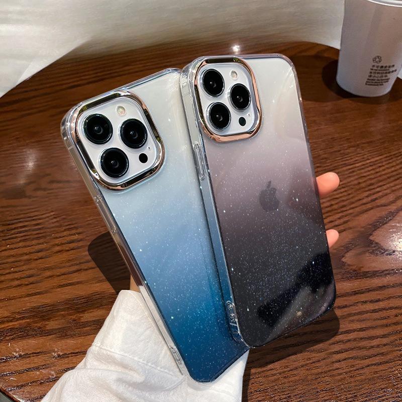 Applicable To Apple 17proMax Single Color Mobile Phone Case Gradient Glitter Powder IPhone 16 Metal Lens Ring 15 Protection Case