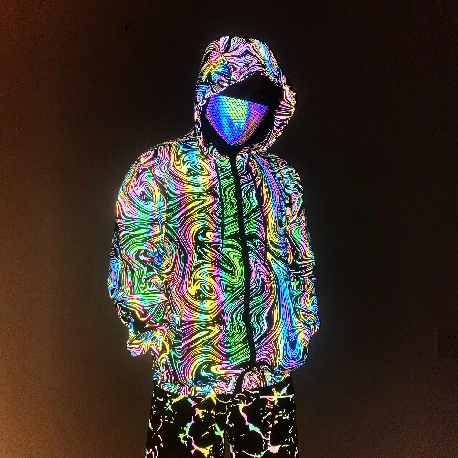 

CHEST 2026 Men Clothes Radium Reflective Coat Pattern Total Reflective Jacket Light Hoodie Jacket Hip Hoodie Windbreaker Jacket Hooded Street Jacket M чёрный
