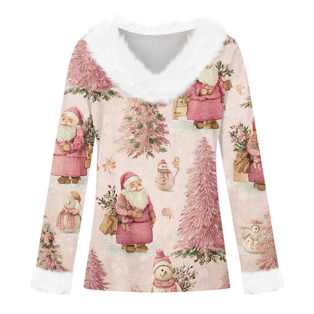 Women's T Shirt Tee Christmas Shirt Long Sleeve Party Christmas Print Fleece Collar V Neck Top