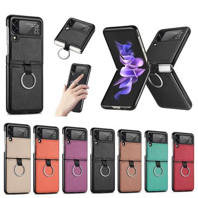 Applicable To Samsung ZFlip3 Ring Folding Mobile Phone Case, Lychee Pattern Zlip4 Back Cover Leather Case Protective Case Foreign Trade