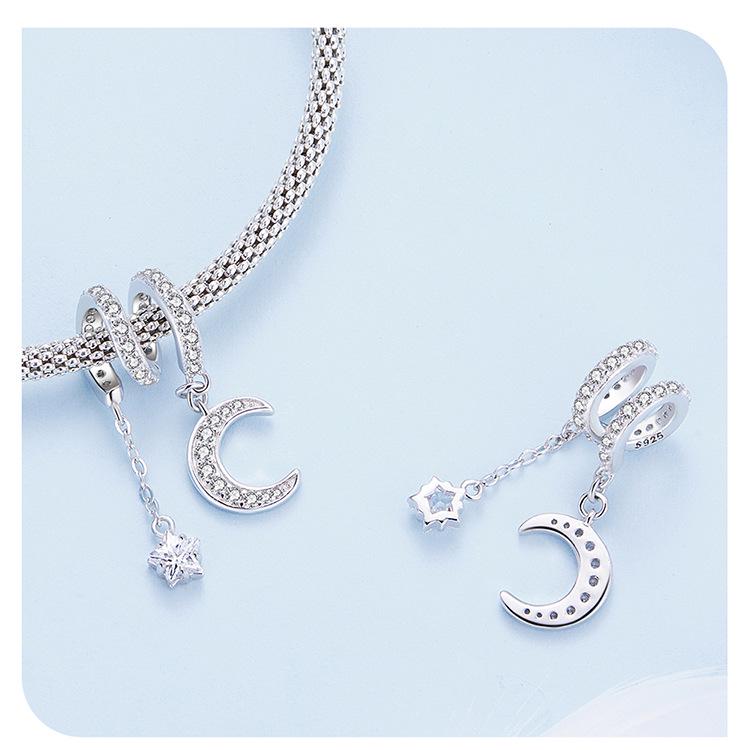 Avle S925 Sterling Silver Moonlight Bracelet with Platinum-Plated Star and Moon Beads