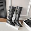 Cowhide retro inner height-increasing pointed head high tube boots, new string-strap pleated thin boots, folded and two stacked boots