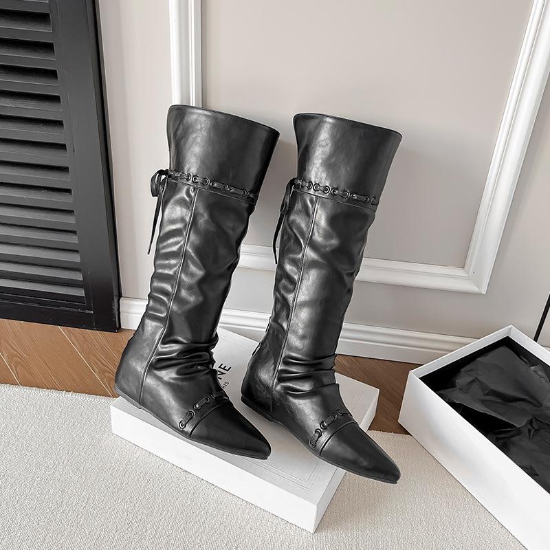 Cowhide retro inner height-increasing pointed head high tube boots, new string-strap pleated thin boots, folded and two stacked boots
