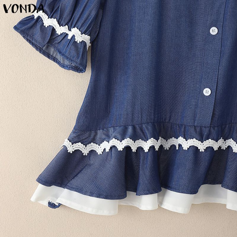 VONDA  Womens Casual Square Neck Lace Hem Short Sleeve Blouse