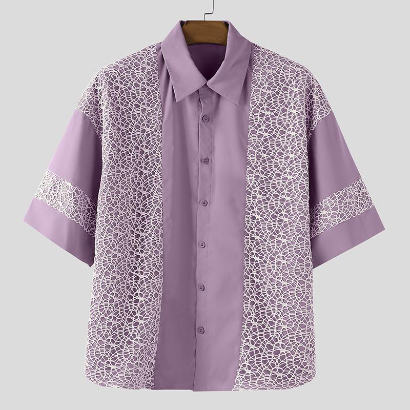 

INCERUN Oversized Men Lapel Neck Short Sleeve Crochet Casual Loose Shirts 3XL