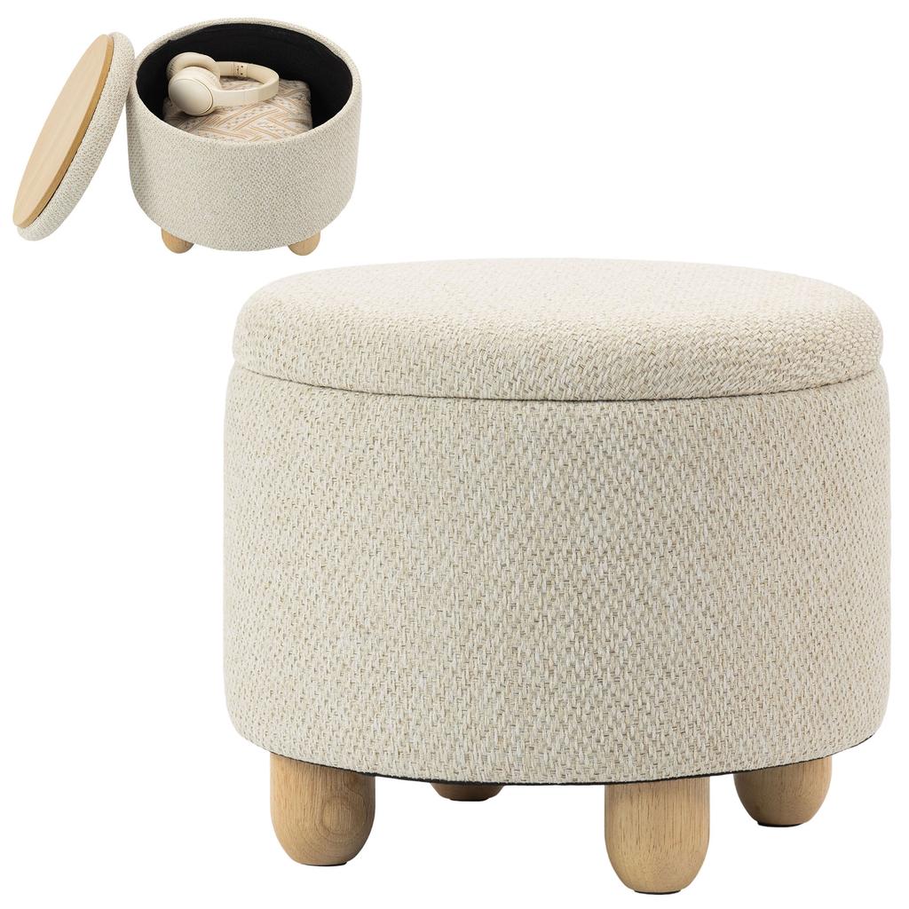Round Jute Storage Ottoman, Footrest with Lid, Hevea Wood Legs, Beige