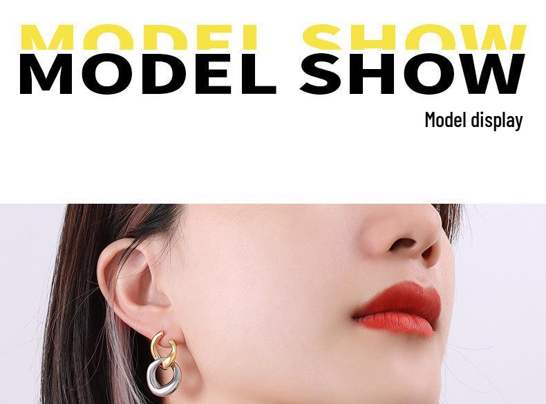 French-Inspired Trendy Double Ring Detachable Titanium Steel Stud Earrings, 18K Gold-Plated Jewelry F539.