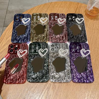 Capa de espelho de maquiagem com estampa de pedra de luxo e coração de pérola para iPhone 15 Pro Max 14 13 12 Pro Max 11 Capa de proteção contra quedas com tudo incluído