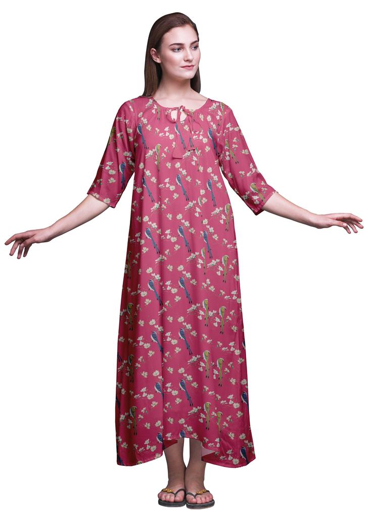 Bimba Dark Rose Brown Floral Leaves & Camellia Kanjiro Printed Nightgowns Maxi Sleepwear For Women Long Sleep Dress