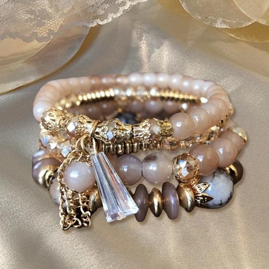 4Pcs Women Bracelets Faux Crystal Smooth Multi Pendant Jewelry Retro Bohemian Style with Elastic Cord Multi-layered Stackable Bracelet Set