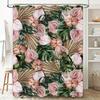 Sunburst Flowers Shower Curtain Pink Green Floral Bathroom Decor with Palm Leaves Print Waterproof Fabric Bath Rug Cover for Hom