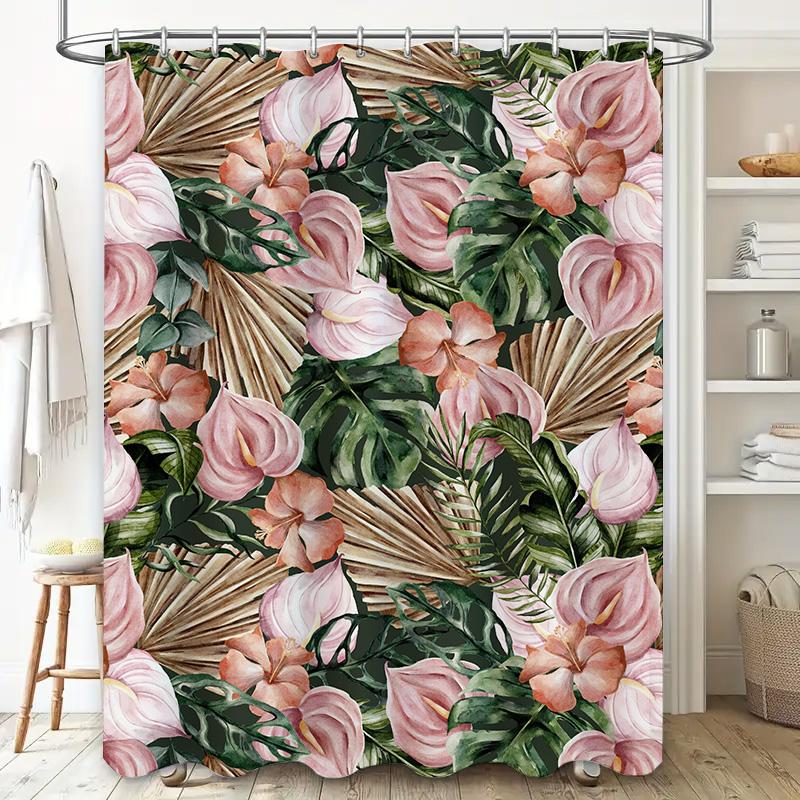 Sunburst Flowers Shower Curtain Pink Green Floral Bathroom Decor with Palm Leaves Print Waterproof Fabric Bath Rug Cover for Hom