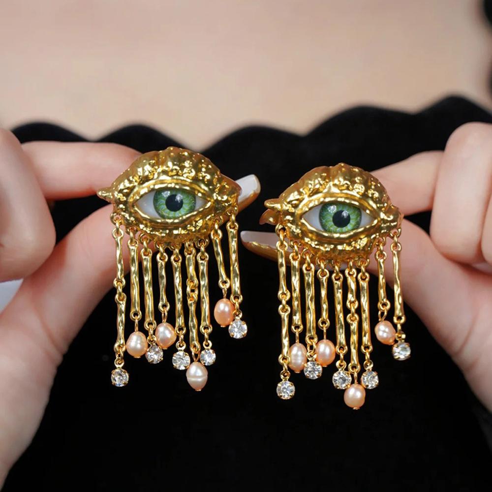 French Retro Unique Personality Exaggerated Eyes And Earrings Pearl Rhinestone Tassel Earrings Women's Jewelry Party Accessories