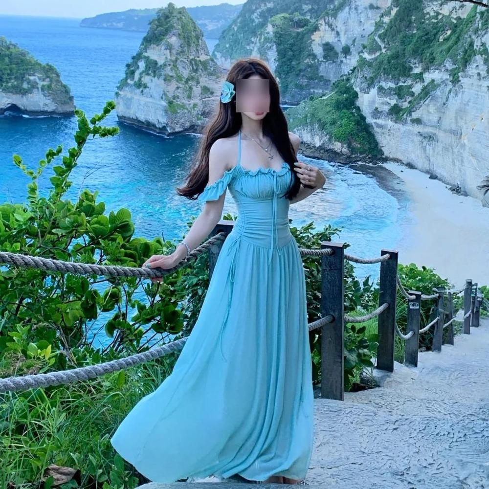 

Сетчатое праздничное платье женское летнее островное с квадратным вырезом и темпераментной юбкой зеленое белое на талии пляжная юбка XL- (recommended 110-60kg)