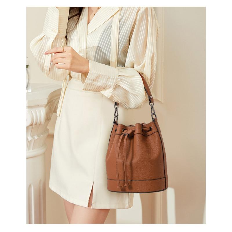 New Contrasting Color Drawstring Women's Bucket Bag Fashionable Texture Handbag Bag One Shoulder Crossbody Bag