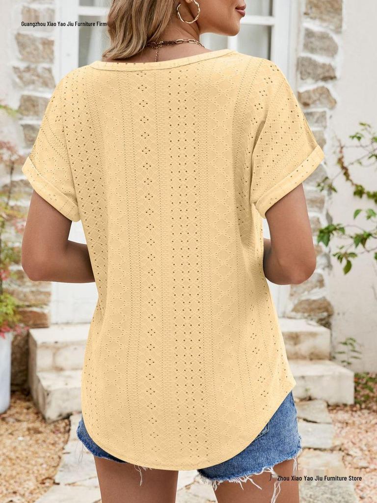 Women's Eyelet Summer Round Neck Short Sleeve Casual T-shirt