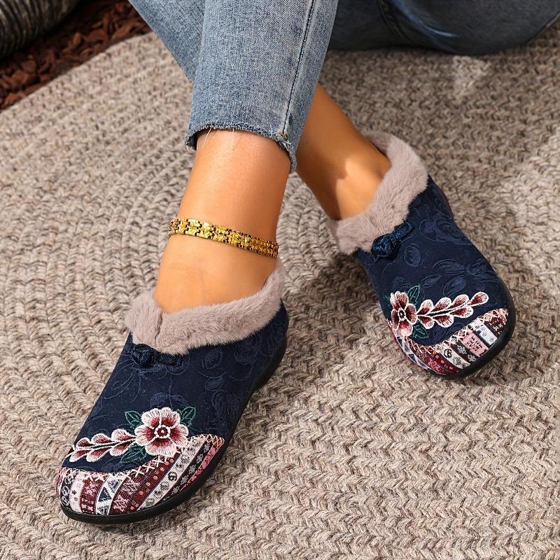 Womens Slip on Winter Shoes Thickened Warm Lined Cushioned Sole Floral Pattern Low Heel Round Toe Ankle Boots with Plush Lining