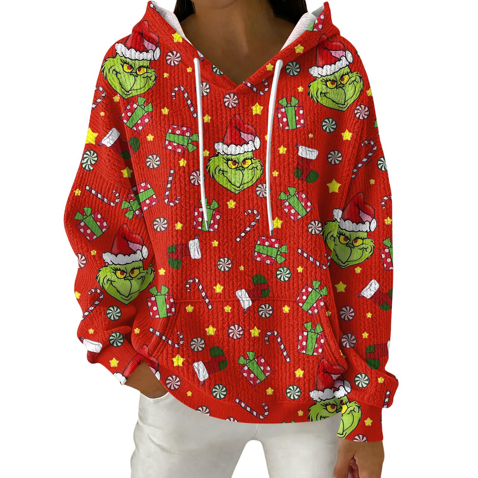 

Женский модный повседневный пуловер с рождественским принтом, толстовка с капюшоном и длинными рукавами S красный
