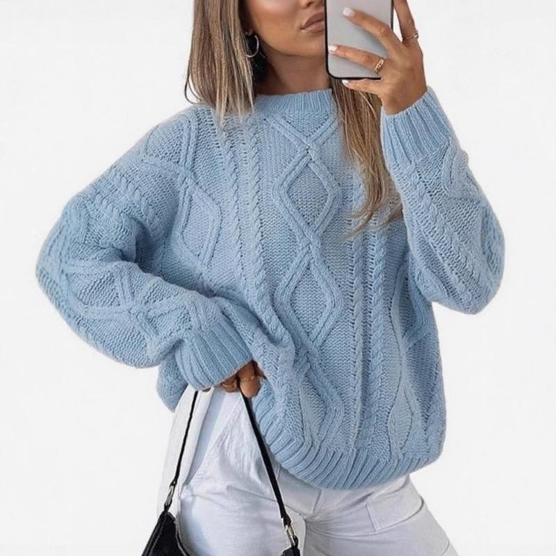 Twisted Cable Knit Crew Neck Loose Long Sleeve Sweater For Autumn Winter