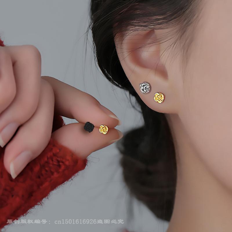 Cercei Stud Noi Floare Trandafir Negru Turnare Oțel Inoxidabil Culoare Cupru Pentru Femei Neobișnuit Exquisit Zircon pentru Corp