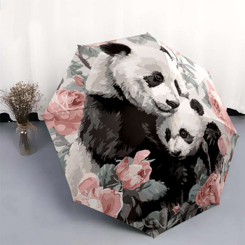 Panda and Rose Pattern, Automatic Folding Umbrella, Portable and Foldable Design, 8 Ribs, a Christmas or Birthday Gift.