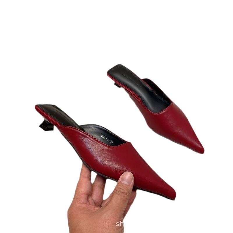 Baotou Half Slippers Women's Summer Versatile Black Pointed Tip Thin Heel Small Heel Women's Shoes Fitting Fashion Thin Feet Wear Cool Slippers